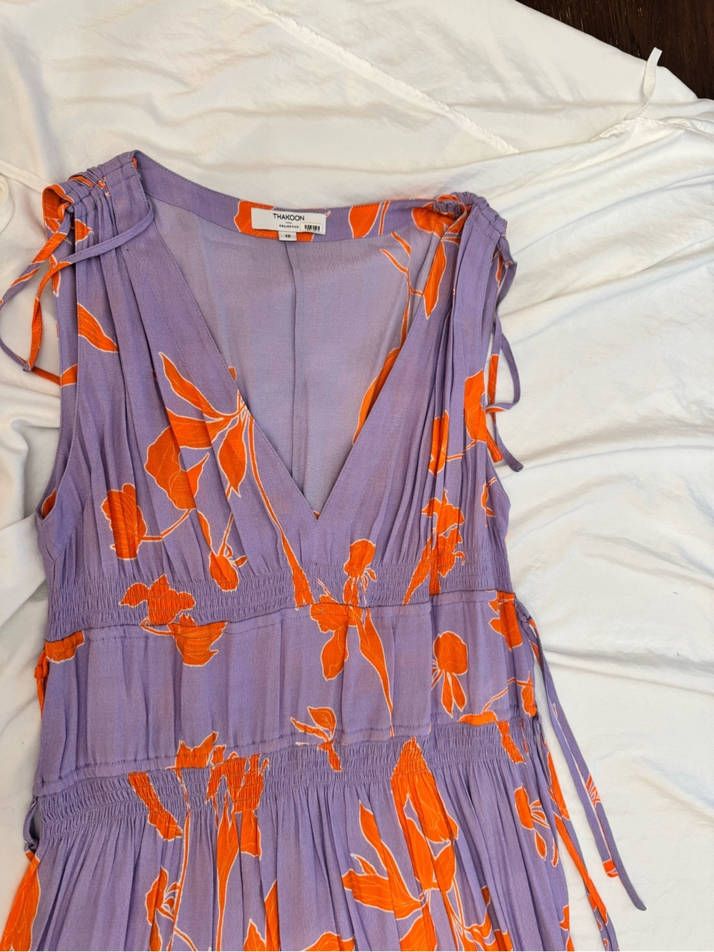 Thaikoon Lavender & Orange Floral V-Neck Midi Dress Sz 12 - Picture 8 of 10